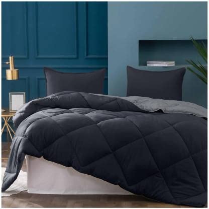 TUNDWAL'S TUNDWALS Microfibre 200 GSM Reversible Solid Double ComforterBlankets for WintersQuiltsDuvets BlackGrey Microfiber - Image 1