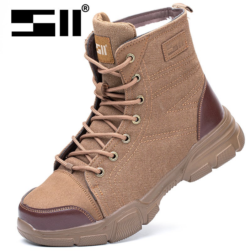 Generic Cross-border large-size high-top labor protection shoes for men and women anti-smashing and anti-piercing work shoes shock-absorbing safety work shoes labor protection shoes 611 khaki