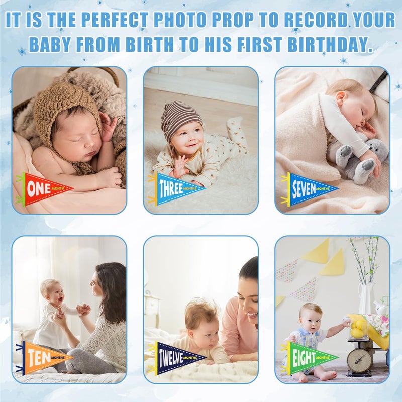 PEUTIER 14pcs Baby Milestone Flags, Felt Monthly Milestone Pennant Flag Colorful Baby Milestone Signs Milestone Banner for Newborn Baby Shower 1st Birthday Party Decorations (Pattern 2) - Image 5