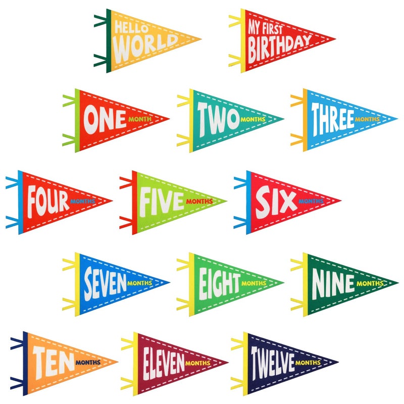 PEUTIER 14pcs Baby Milestone Flags, Felt Monthly Milestone Pennant Flag Colorful Baby Milestone Signs Milestone Banner for Newborn Baby Shower 1st Birthday Party Decorations (Pattern 2) - Image 1