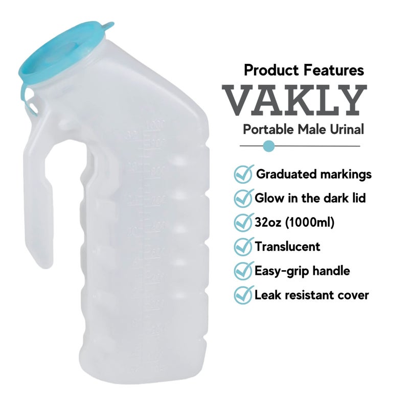 Vakly Male Urinal with Glow in The Dark Cover [32oz Pack of 2] Portable Pee Bottles for Men Used for Hospitals, Incontinence, Emergency and Travel (2) - Image 2