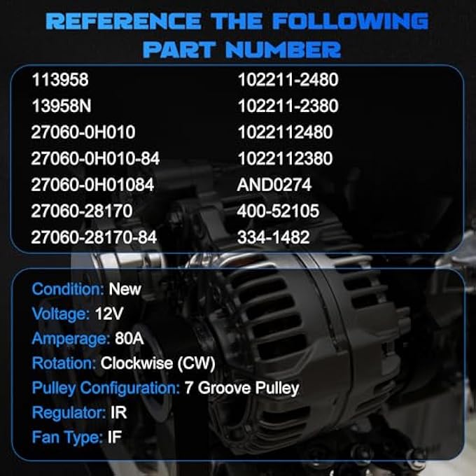 YOMALL Alternator 13958 for 2002-2003 Camry 2.4L for 2002-2003 Solara 2.4L L4 Vehicle Replacement Alternator 80A 7PK 13958N 27060-0H010 27060-28170 102211-2380 102211-2480 - Image 3