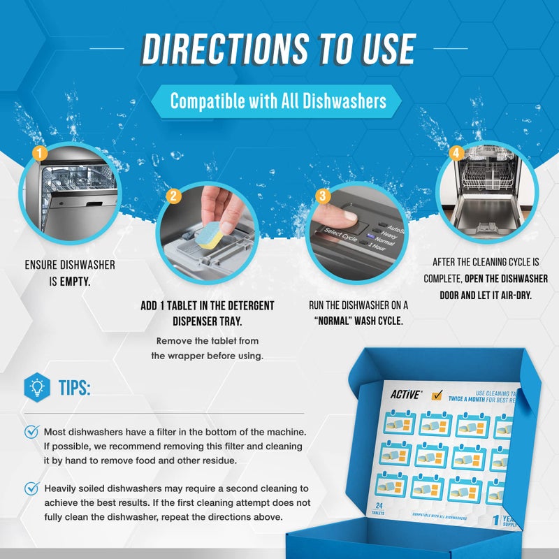 Active Dishwasher Cleaner And Deodorizer Tablets - 24 Pack Deep Cleaning Descaler Pods for Dish Washer Machine, Heavy Duty, Septic Safe, Natural Limescale Remover, Calcium, Odor, Smell - 12 Month Supply - Image 4