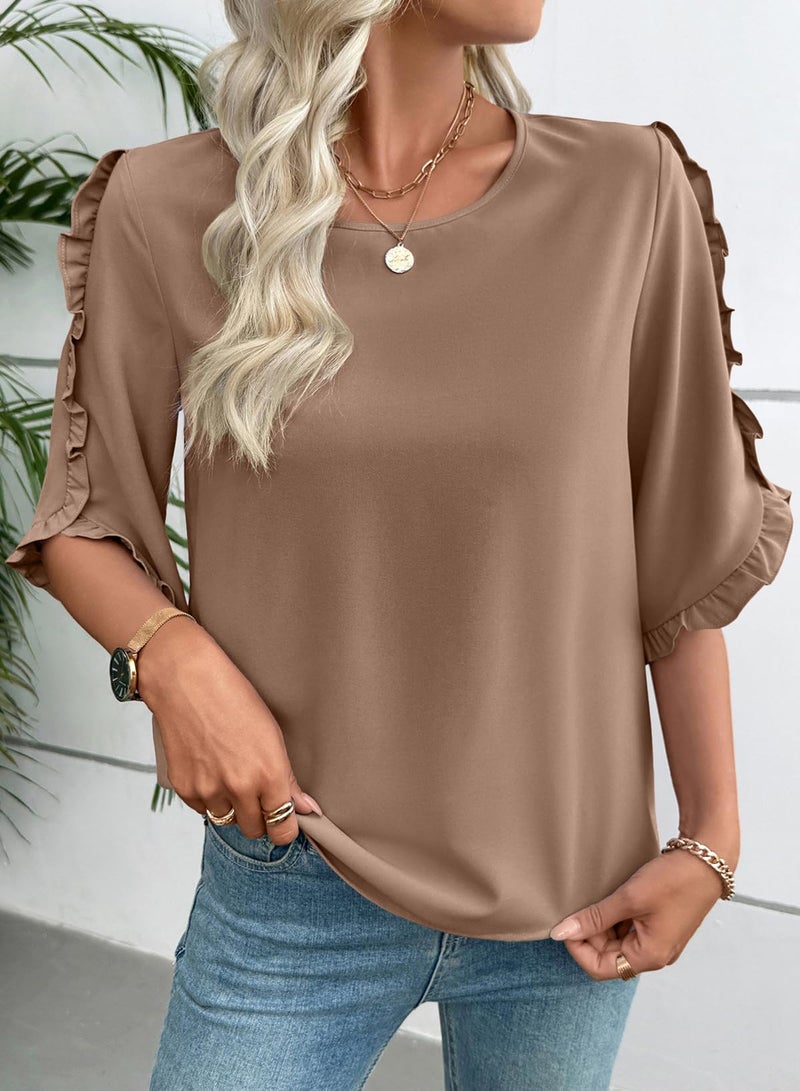 EVALESS 3/4 Length Sleeve Womens Tops Dressy Casual Blouses Cute Crewneck Ruffle Sleeve Shirts Fashion 2026 Spring Summer Outfits Business Work Tops Khaki X-Large - Image 4