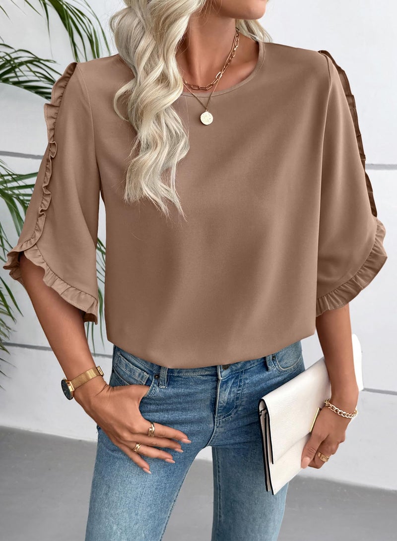 EVALESS 3/4 Length Sleeve Womens Tops Dressy Casual Blouses Cute Crewneck Ruffle Sleeve Shirts Fashion 2026 Spring Summer Outfits Business Work Tops Khaki X-Large - Image 2
