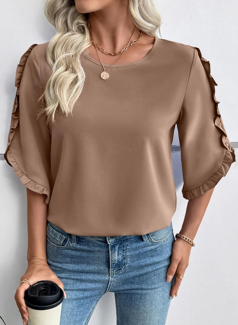 EVALESS 3/4 Length Sleeve Womens Tops Dressy Casual Blouses Cute Crewneck Ruffle Sleeve Shirts Fashion 2026 Spring Summer Outfits Business Work Tops Khaki X-Large - Image 5