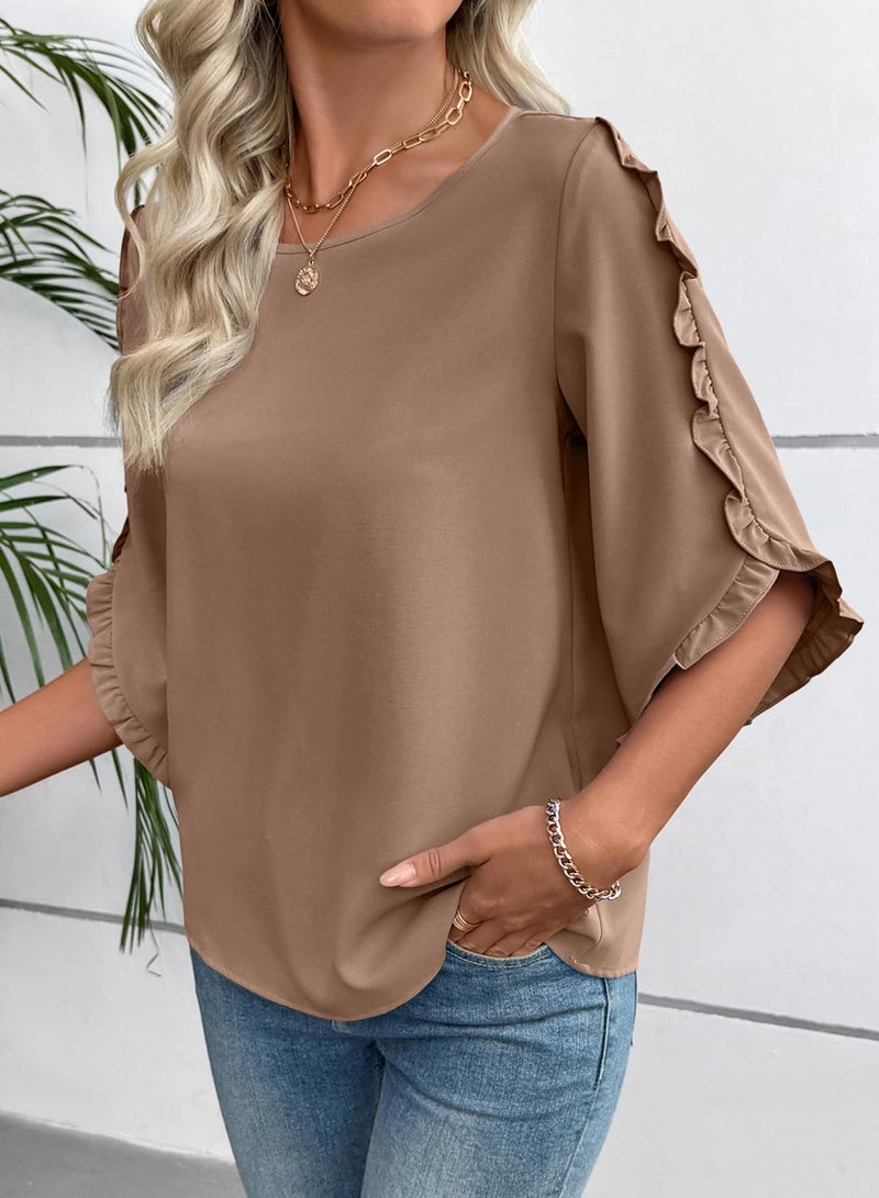 EVALESS 3/4 Length Sleeve Womens Tops Dressy Casual Blouses Cute Crewneck Ruffle Sleeve Shirts Fashion 2026 Spring Summer Outfits Business Work Tops Khaki X-Large - Image 3