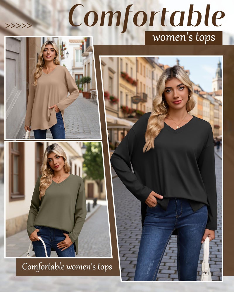 Huukeay 3 Pack Womens Oversized Long Sleeve T Shirts V Neck Knit Casual Workout Tunic Tops Side Split Loose Basic Tees(Black, White, Heather Gray,XX-Large) - Image 5
