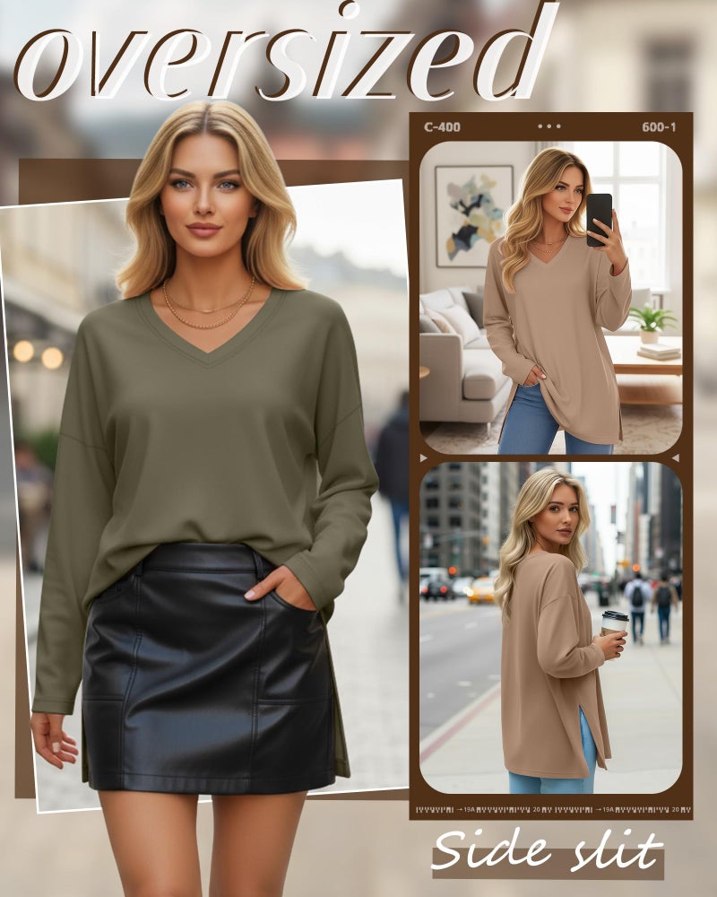 Huukeay 3 Pack Womens Oversized Long Sleeve T Shirts V Neck Knit Casual Workout Tunic Tops Side Split Loose Basic Tees(Black, White, Heather Gray,XX-Large) - Image 4