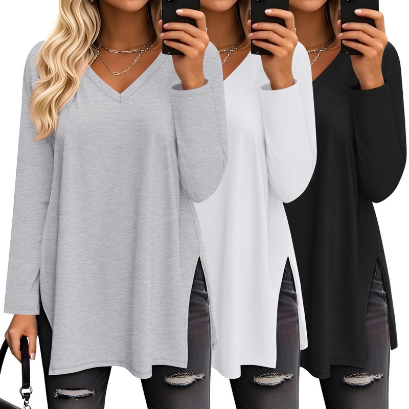 Huukeay 3 Pack Womens Oversized Long Sleeve T Shirts V Neck Knit Casual Workout Tunic Tops Side Split Loose Basic Tees(Black, White, Heather Gray,XX-Large) - Image 1