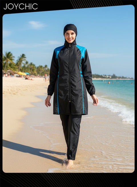 Summer Plus Size Modest Swimsuits for Women with Hijab Full Coverage Print Zipper Burkini Muslim Quick-drying Swimwear
