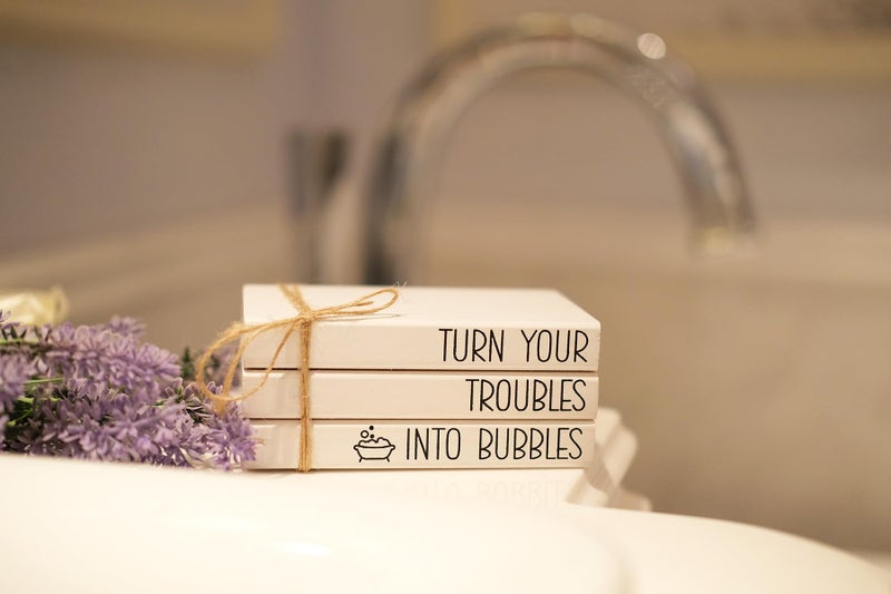 LIVDUCOT Mini Farmhouse Bathroom Decor - Funny Rustic Wooden Decorative Books Stack for Restroom Shelf Decor - Turn Your Troubles into Bubbles Sign - Image 4