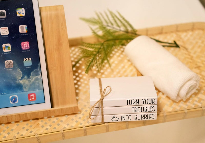 LIVDUCOT Mini Farmhouse Bathroom Decor - Funny Rustic Wooden Decorative Books Stack for Restroom Shelf Decor - Turn Your Troubles into Bubbles Sign - Image 2