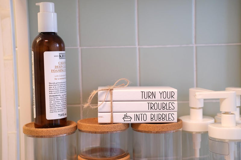 LIVDUCOT Mini Farmhouse Bathroom Decor - Funny Rustic Wooden Decorative Books Stack for Restroom Shelf Decor - Turn Your Troubles into Bubbles Sign - Image 5