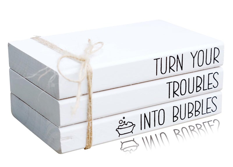 LIVDUCOT Mini Farmhouse Bathroom Decor - Funny Rustic Wooden Decorative Books Stack for Restroom Shelf Decor - Turn Your Troubles into Bubbles Sign - Image 1