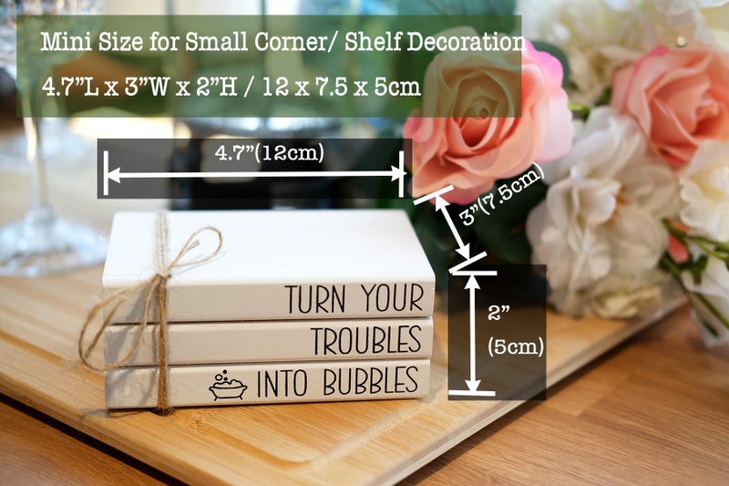 LIVDUCOT Mini Farmhouse Bathroom Decor - Funny Rustic Wooden Decorative Books Stack for Restroom Shelf Decor - Turn Your Troubles into Bubbles Sign - Image 3