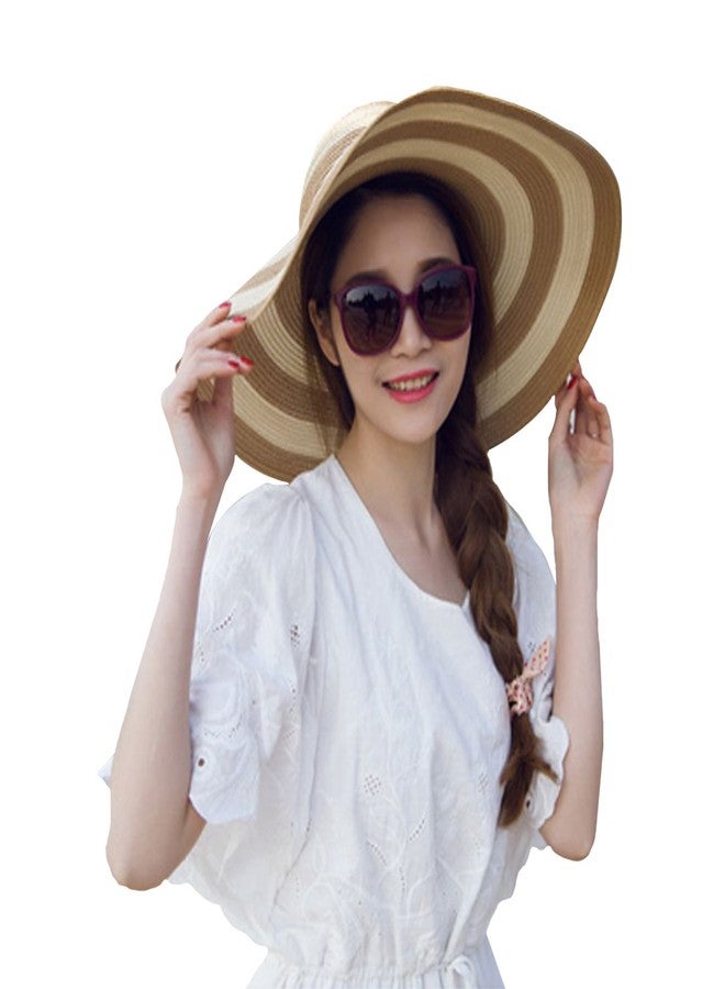 Queena Women Stripe Straw Hat Wide Brim Sun Hat Foldable Summer Beach Caps Gift for Mom Wife Girlfriend Khaki - Image 3