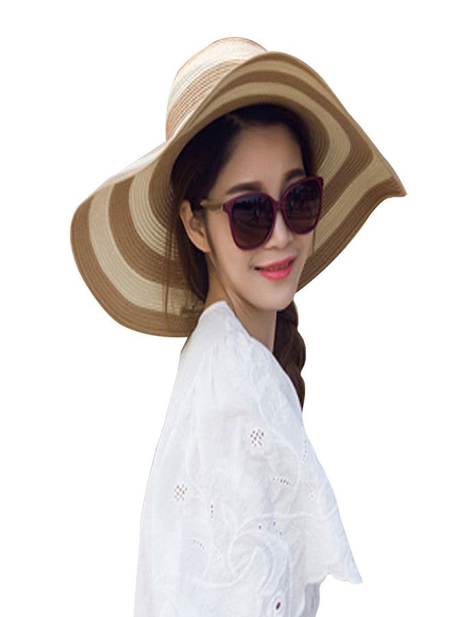 Queena Women Stripe Straw Hat Wide Brim Sun Hat Foldable Summer Beach Caps Gift for Mom Wife Girlfriend Khaki - Image 2
