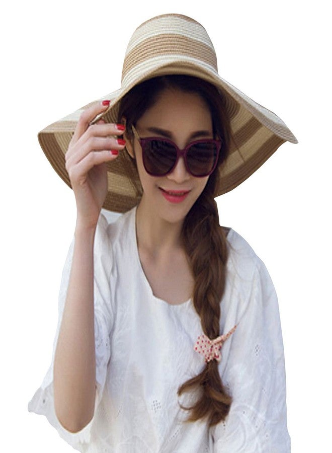 Queena Women Stripe Straw Hat Wide Brim Sun Hat Foldable Summer Beach Caps Gift for Mom Wife Girlfriend Khaki - Image 4