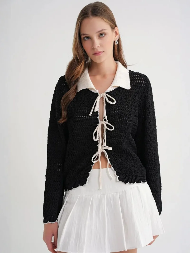 ميكسراي Mixray Knit Cardigan with Contrast Detail and Tie Up Closure