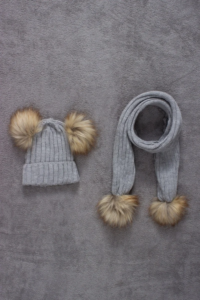 Ada Bebek Çocuk Ada Baby Child Double Pompom Scarf Beanie Set