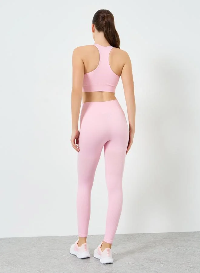 Styli Active Women Pink Tonal Jacquard Sports Bra and Leggings Set