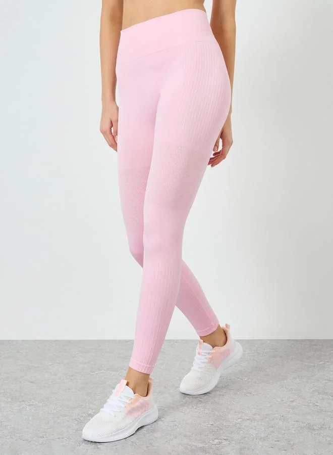 Styli Active Women Pink Tonal Jacquard Sports Bra and Leggings Set