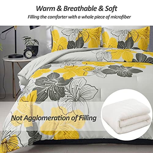 Menghomeus Floral Comforter Set Queen Yellow Floral Pattern Printed on Grey Soft Microfiber Bedding Set Lightweight Bed Set for All Season, 3 Piece (1 Comforter, 2 Pillowcases) - Image 3