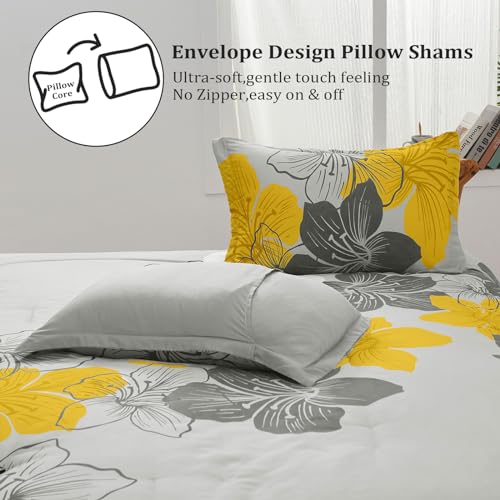 Menghomeus Floral Comforter Set Queen Yellow Floral Pattern Printed on Grey Soft Microfiber Bedding Set Lightweight Bed Set for All Season, 3 Piece (1 Comforter, 2 Pillowcases) - Image 5