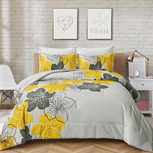 Menghomeus Floral Comforter Set Queen Yellow Floral Pattern Printed on Grey Soft Microfiber Bedding Set Lightweight Bed Set for All Season, 3 Piece (1 Comforter, 2 Pillowcases) - Image 1