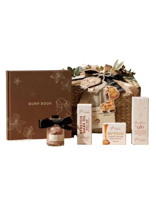 GLOMAMA Ultimate Baby Shower Gift Hamper for Mom-To-Be | 7+ Pampering Essentials: Roll on Stretch Mark Oil, Caramel Popcorn Nip Balm, Pain Relief Foot Cream, Sleep Sachet, Foot Soak, Bump Car Sticker & Baby/Pregnancy Book with Affirmations, Hospital Checklist & Mama Wellness Games. - Image 1