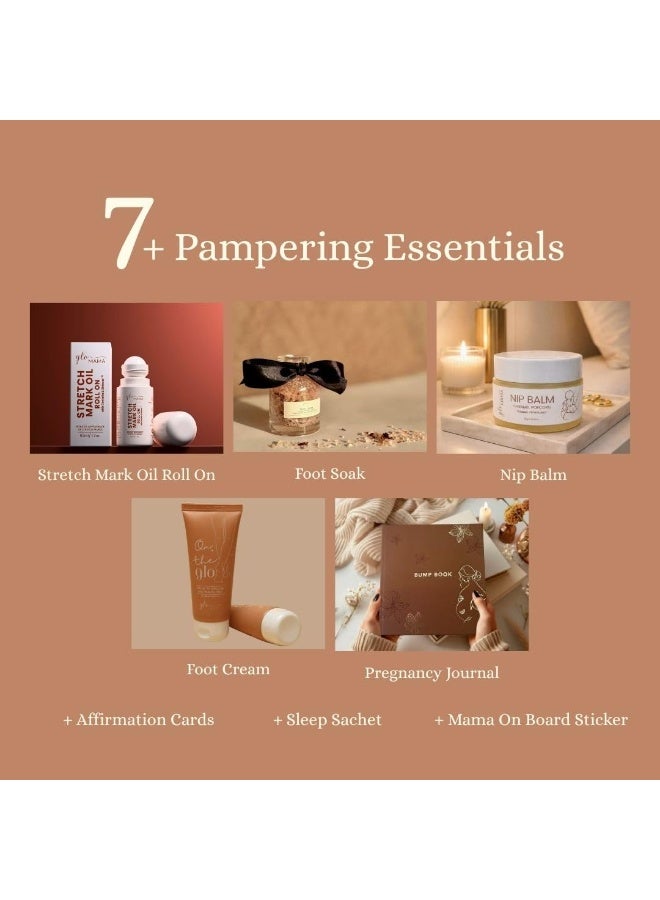 GLOMAMA Ultimate Baby Shower Gift Hamper for Mom-To-Be | 7+ Pampering Essentials: Roll on Stretch Mark Oil, Caramel Popcorn Nip Balm, Pain Relief Foot Cream, Sleep Sachet, Foot Soak, Bump Car Sticker & Baby/Pregnancy Book with Affirmations, Hospital Checklist & Mama Wellness Games. - Image 2