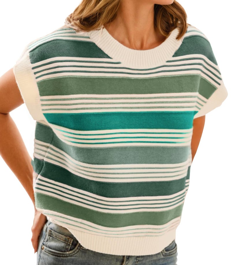 FireSwan Womens Cap Sleeve Sweater Vest Striped Color Block Loose Tank Tops Trendy Vacation Outfits Cute Summer Spring Top A-Green - Image 1