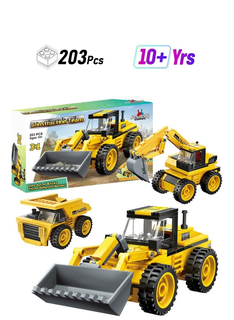 Apostrophe Games 3 in 1 Construction Team Building Block Set (203 Pieces) Build a Loader, Dump Truck or Excavator, for Kids and Adults - Image 1
