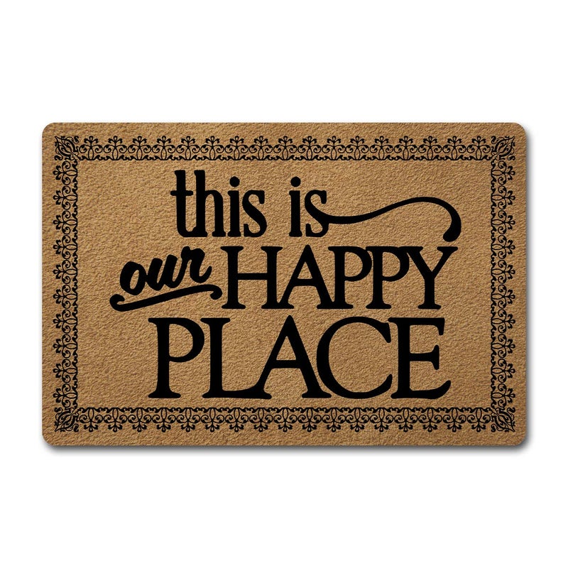 Welcome Door Mats for Home Decor 236 x 157 inch Funny Mats with AntiSlip Rubber Back Kitchen Rugs Personalized Doormat for Entrance Way This is Our Happy Place