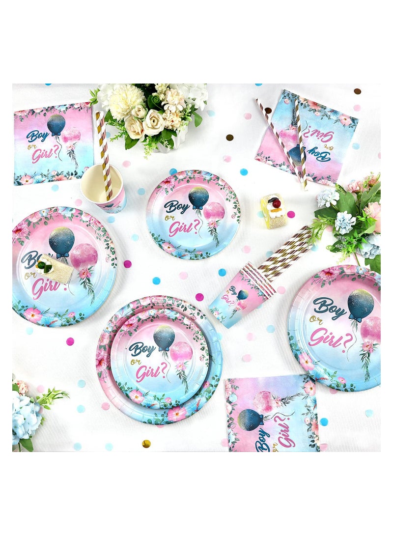 Gender Reveal Party Supplies Set for 16 Guests - 84 PCS Floral Tableware Including Paper Plates, Cups, Napkins, Straws, and Balloons for Celebrating Boy or Girl Reveal - Image 2