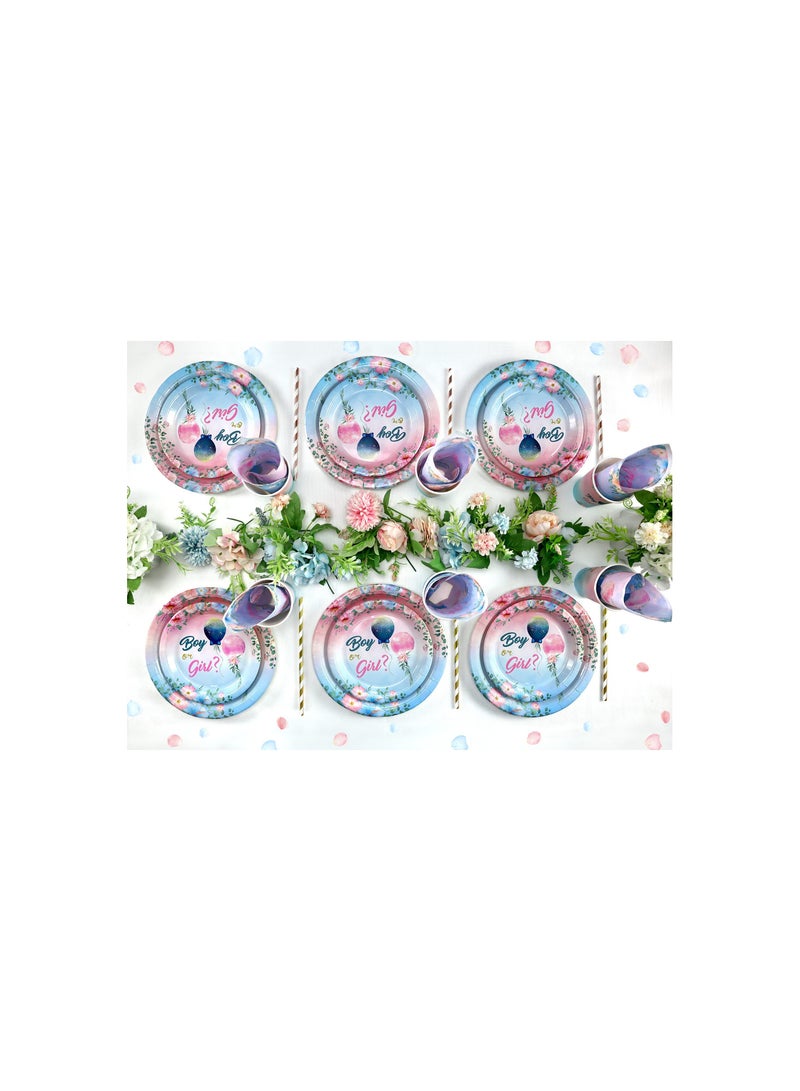 Gender Reveal Party Supplies Set for 16 Guests - 84 PCS Floral Tableware Including Paper Plates, Cups, Napkins, Straws, and Balloons for Celebrating Boy or Girl Reveal - Image 4