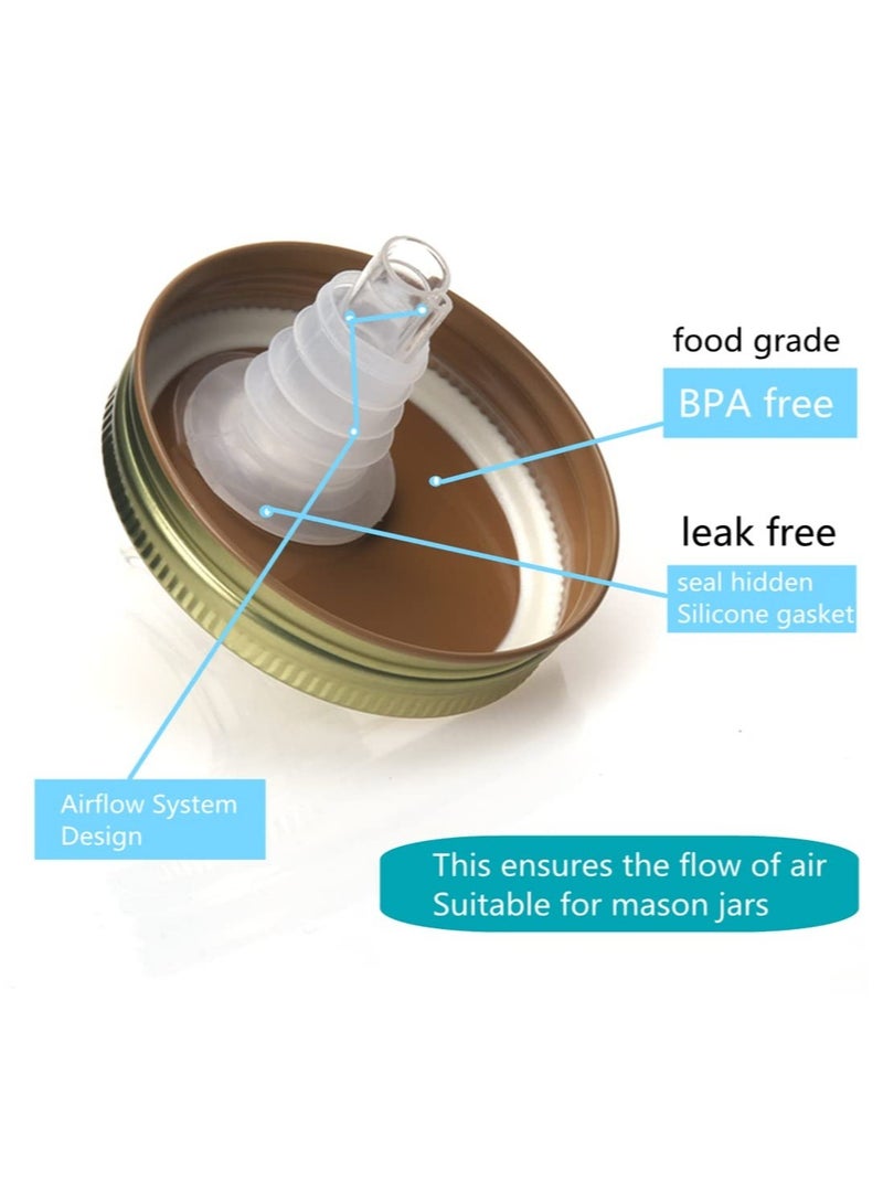 SYOSI Mason Jar Pour Spouts. free flow Mason Jar Pour Spouts, mason jar for spout regular mouth size 70mm dispenser germination cover. Suitable for any liquid. Leak-Proof,Gold (2-Pack + 2 Black Lid Caps) - Image 4