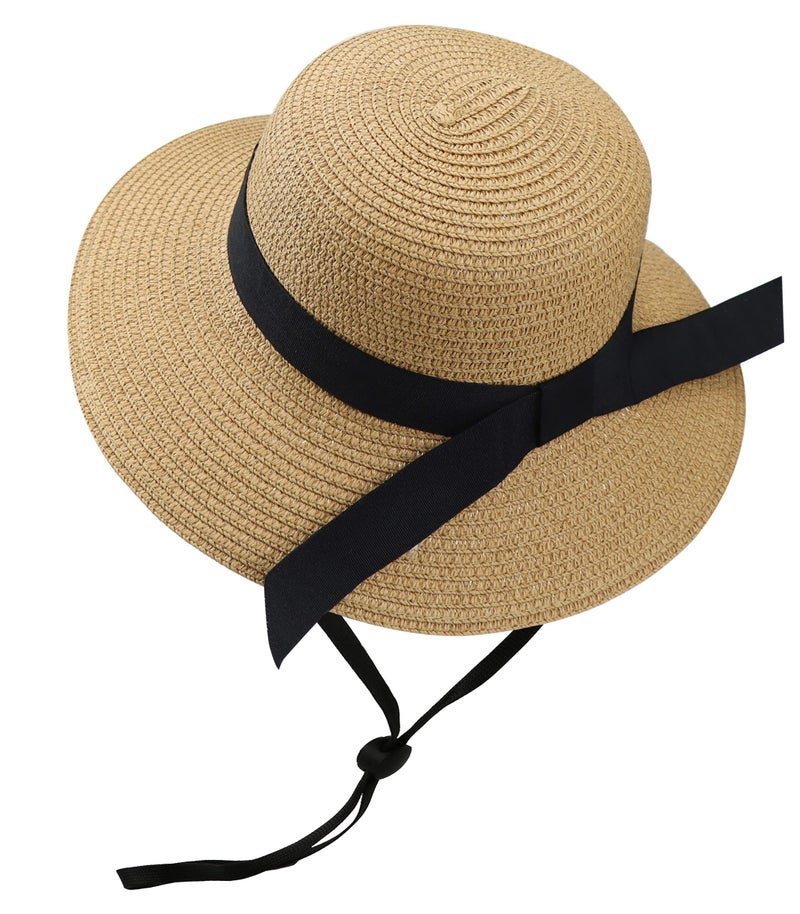 Eohak Girls Wide-Brim Straw Sun-Hat for Summer Beach with Bow 5 to 9 Years (Khaki, 5-9 Years) - Image 1