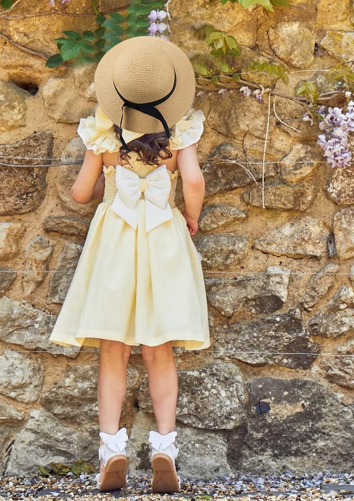 Eohak Girls Wide-Brim Straw Sun-Hat for Summer Beach with Bow 5 to 9 Years (Khaki, 5-9 Years) - Image 5