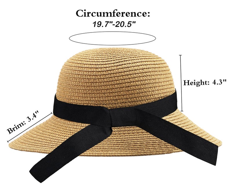 Eohak Girls Wide-Brim Straw Sun-Hat for Summer Beach with Bow 5 to 9 Years (Khaki, 5-9 Years) - Image 2
