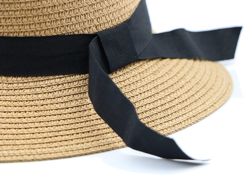 Eohak Girls Wide-Brim Straw Sun-Hat for Summer Beach with Bow 5 to 9 Years (Khaki, 5-9 Years) - Image 4