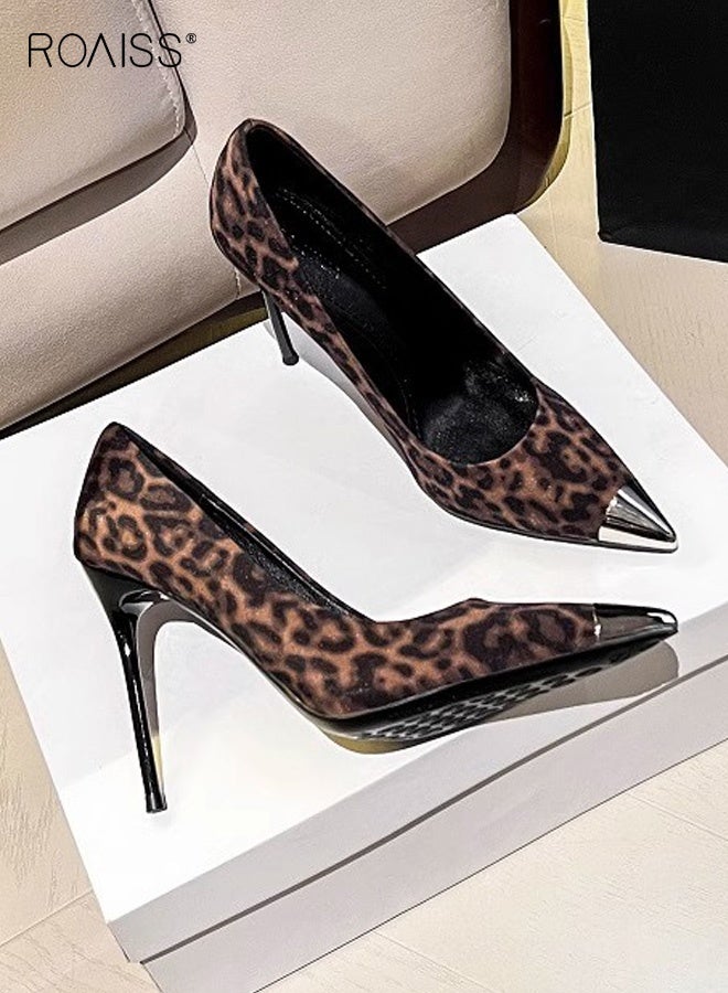 رويس حذاء نسائي بكعب عالٍ مدبب بنقشة جلد النمر، مقدمة معدنية، ارتفاع 8 سم، تصميم أنيق بفتحة منخفضة، مريح وجيد التهوية، مناسب للارتداء اليومي والمناسبات الرسمية. - Image 5