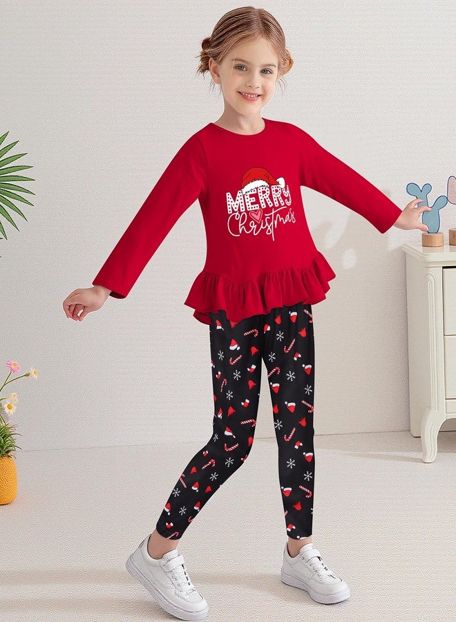 CARETOO Clothes for Girls Little Girls Clothes Adorable Merry Christmas Letters Pattern Ruffle Hem Pink Top and Full-Print Patterned Pants 4-5t - Image 4