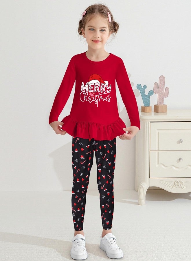 CARETOO Clothes for Girls Little Girls Clothes Adorable Merry Christmas Letters Pattern Ruffle Hem Pink Top and Full-Print Patterned Pants 4-5t - Image 3