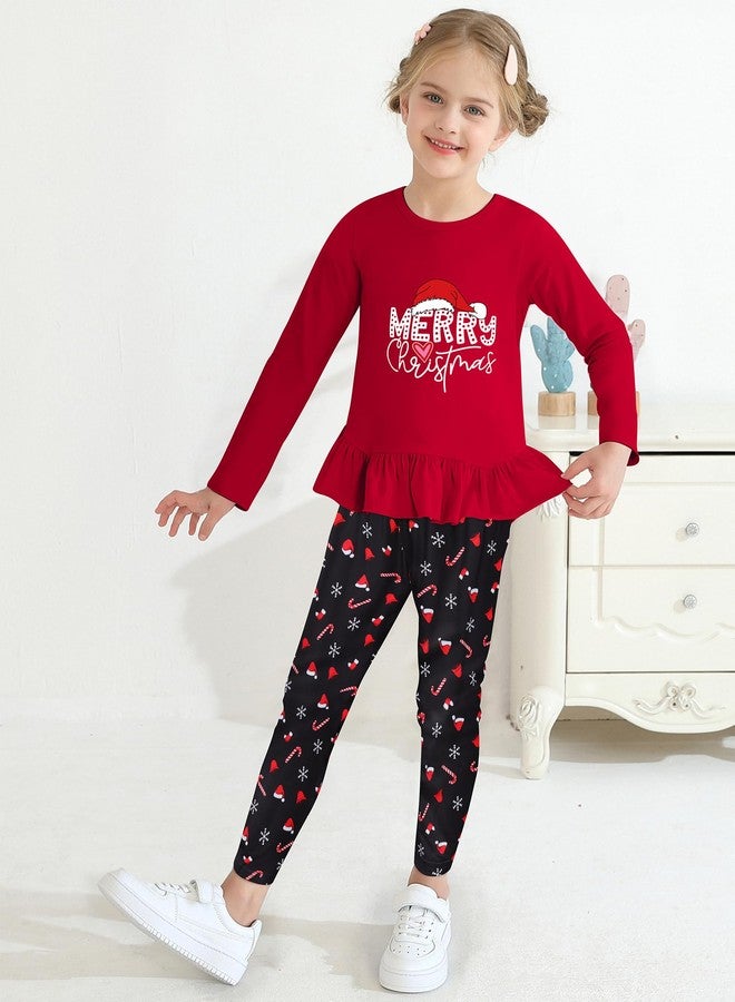 CARETOO Clothes for Girls Little Girls Clothes Adorable Merry Christmas Letters Pattern Ruffle Hem Pink Top and Full-Print Patterned Pants 4-5t - Image 2