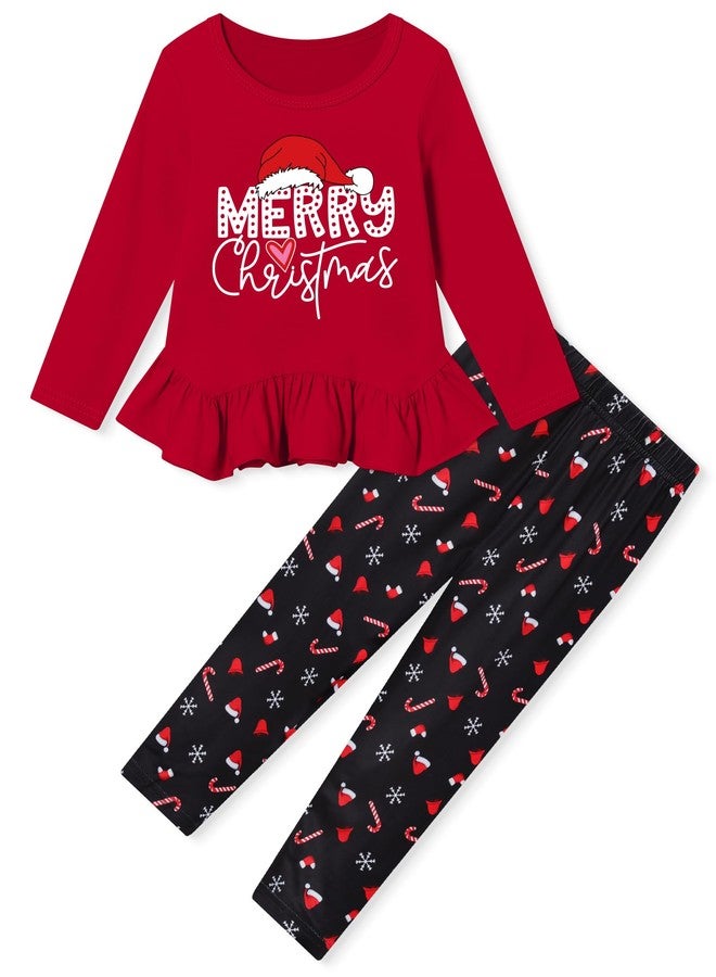CARETOO Clothes for Girls Little Girls Clothes Adorable Merry Christmas Letters Pattern Ruffle Hem Pink Top and Full-Print Patterned Pants 4-5t - Image 1