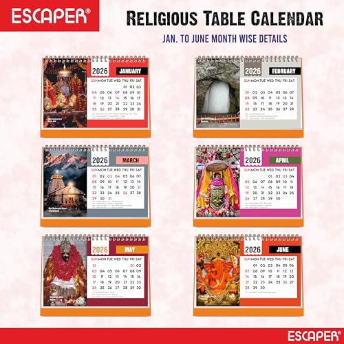 ESCAPER Famous Hindu Temples 2026 Desk Calendar – Table Calendar with Vaishno Devi, Amarnath, Kedarnath, Mahakaleshwar, Kamakhya & Siddhi Vinayaka Photos, Spiritual Calendar for Home & Office - Image 2