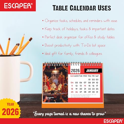 ESCAPER Famous Hindu Temples 2026 Desk Calendar – Table Calendar with Vaishno Devi, Amarnath, Kedarnath, Mahakaleshwar, Kamakhya & Siddhi Vinayaka Photos, Spiritual Calendar for Home & Office - Image 5