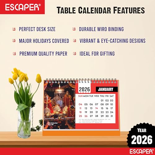 ESCAPER Famous Hindu Temples 2026 Desk Calendar – Table Calendar with Vaishno Devi, Amarnath, Kedarnath, Mahakaleshwar, Kamakhya & Siddhi Vinayaka Photos, Spiritual Calendar for Home & Office - Image 4